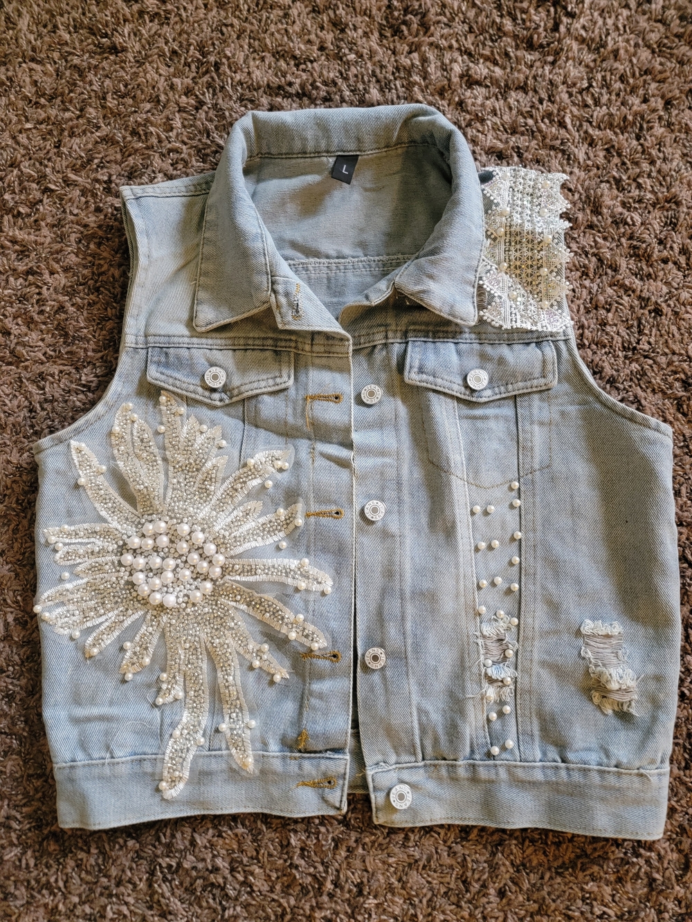 Beaded Light Wash Denim Vest with Pearl Floral Appliqué